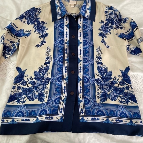 Plenty by Tracy Reese SMALL blue and white long sleeve 100% silk blouse ceramic - Picture 4 of 10